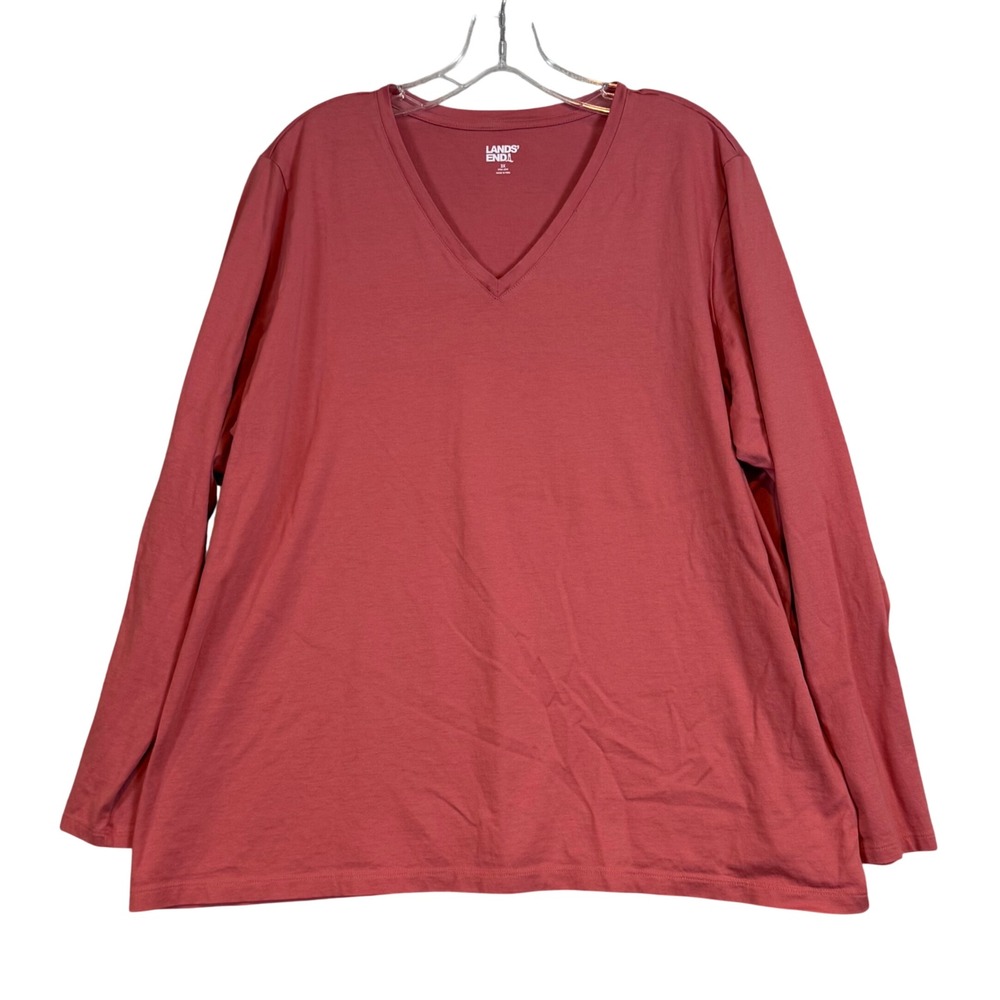 Lands End Womens 2X 20W-22W V-Neck Long Sleeve Tee 100% Cotton Rose Pink Top